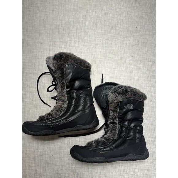 THE NORTH FACE NUPTSE Puffer Boots Black Goose Down Faux Fur Snow Women’s Sz 8 - Picture 3 of 7